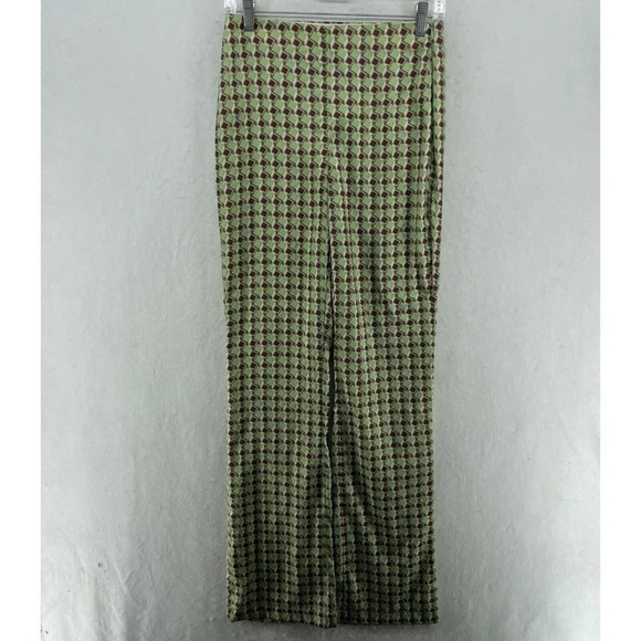 Mango Pants Women's Sz S Green Argyle High-Rise Straight Leg Satin Trouser - Picture 1 of 12